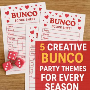 Flat lay of a Valentine-themed Bunco setup with red dice, heart-decorated score sheets, and seasonal decorations for spring, summer, fall, and winter.