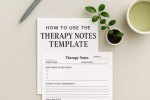 Flat lay image of a printed therapy notes template on a beige background with a green pen, a potted plant, and a cup of green tea, styled calmly and professionally.