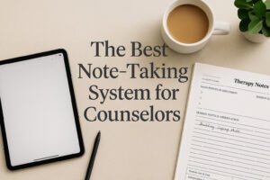 Vertical Pinterest image showing a flat lay of a tablet, stylus, tea cup, and a printed therapy notes template with handwritten notes. Bold text reads: “The Best Note-Taking System for Counselors.”