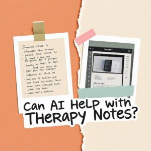 A scrapbook-style image with the headline “Can AI Help with Therapy Notes?” displayed in colorful, cutout-style letters. Below the title are two Polaroid-style frames—one shows handwritten therapy notes with a mood tracker and affirmation, the other shows a ChatGPT screen offering a SOAP note suggestion. Icons of a robot, shield, pencil, and speech bubble decorate the soft pink background.