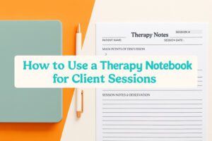 A vertical Pinterest-style image showing a therapy notebook open to a session template page, with a bold green title reading “How to Use a Therapy Notebook for Client Sessions.” A cup of tea, pen, and plant are neatly arranged on a beige surface.
